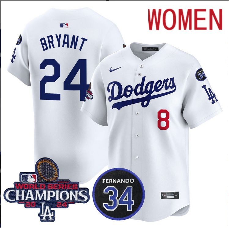 Women MLB Los Angeles Dodgers #24 Bryant white 2024 World Series Champions Patch Limited Jersey->women mlb jersey->Women Jersey